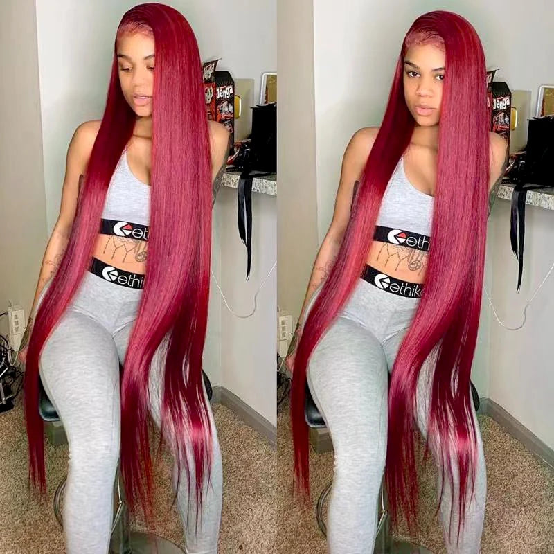 Burgundy 13x6 Hd Lace Frontal Human Hair Wig On Sale 30 36 Inch Bone Straight Lace Front 99J Colored Human Hair Wigs For Women