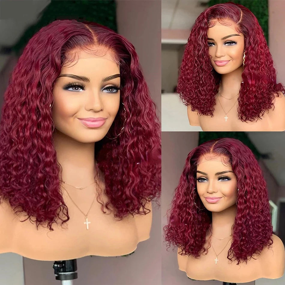 99J Burgundy Short Bob Wigs 13x4 HD Lace Front Wig Glueless Red Colored Deep Water Wave Lace Frontal Wig 100% Human Hair 14 Inch