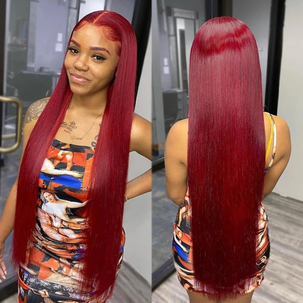 Burgundy 13x6 Hd Lace Frontal Human Hair Wig On Sale 30 36 Inch Bone Straight Lace Front 99J Colored Human Hair Wigs For Women