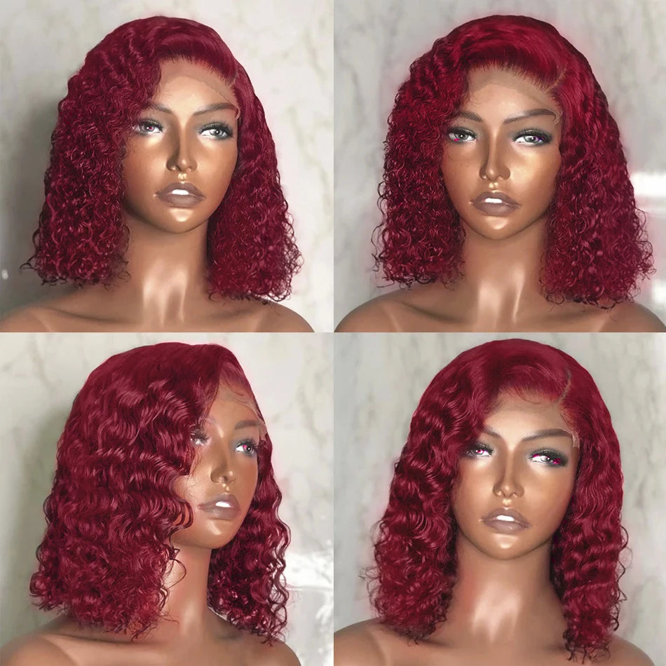 99J Burgundy Short Bob Wigs 13x4 HD Lace Front Wig Glueless Red Colored Deep Water Wave Lace Frontal Wig 100% Human Hair 14 Inch