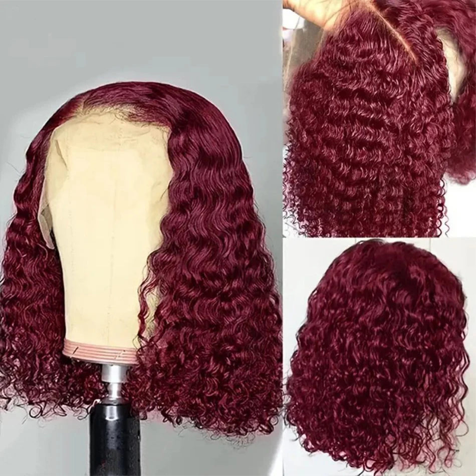 99J Burgundy Short Bob Wigs 13x4 HD Lace Front Wig Glueless Red Colored Deep Water Wave Lace Frontal Wig 100% Human Hair 14 Inch