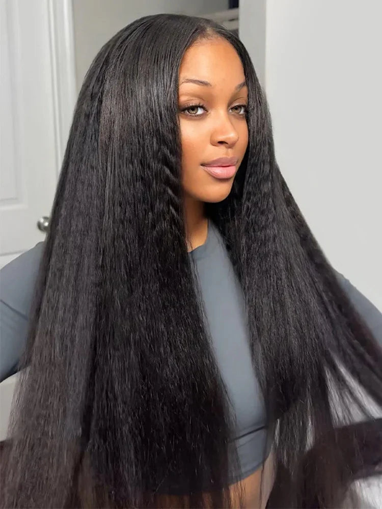 V Part Wig Kinky Straight 220% density Human Hair Wigs Yaki Straight Glueless Wigs Human Hair for Women Invisible Hairline Wigs