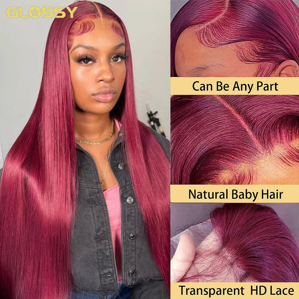 Burgundy 13x6 Hd Lace Frontal Human Hair Wig On Sale 30 36 Inch Bone Straight Lace Front 99J Colored Human Hair Wigs For Women