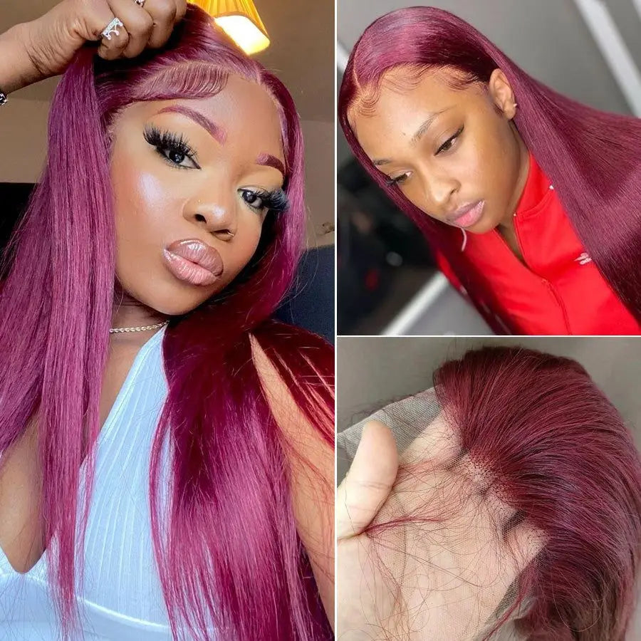Burgundy 13x6 Hd Lace Frontal Human Hair Wig On Sale 30 36 Inch Bone Straight Lace Front 99J Colored Human Hair Wigs For Women