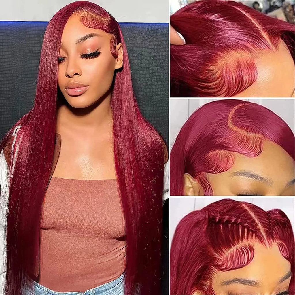 Burgundy 13x6 Hd Lace Frontal Human Hair Wig On Sale 30 36 Inch Bone Straight Lace Front 99J Colored Human Hair Wigs For Women