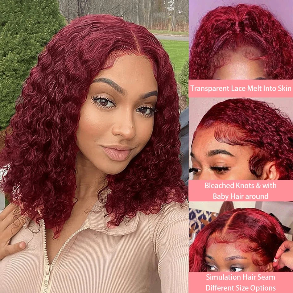 99J Burgundy Short Bob Wigs 13x4 HD Lace Front Wig Glueless Red Colored Deep Water Wave Lace Frontal Wig 100% Human Hair 14 Inch