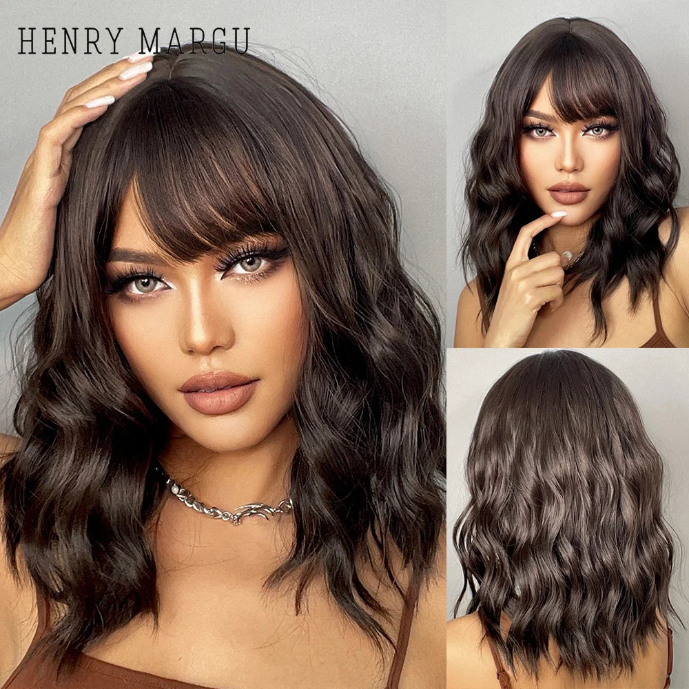 HENRY MARGU Red Copper Ginger Synthetic Wigs with Bangs Medium Water Wave Natural Bob Daily Hair Wigs for Women Heat Resistant
