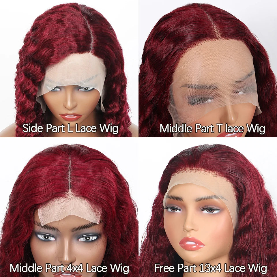 99j Burgundy Deep Bob Wig Human Hair Short Curly Wave 180% Density 13x4 Lace Front Wigs 4x4 T Part Lace Closure Wigs Brazilian