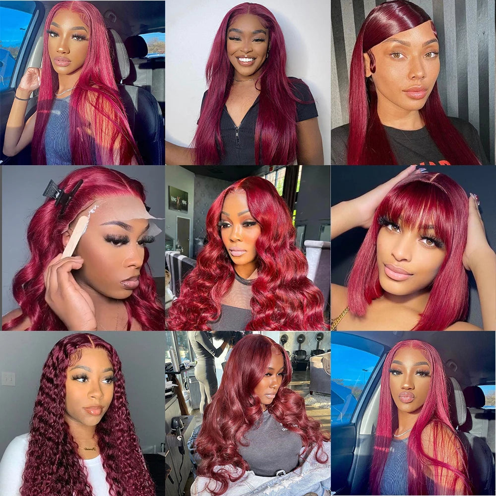 Burgundy 13x6 Hd Lace Frontal Human Hair Wig On Sale 30 36 Inch Bone Straight Lace Front 99J Colored Human Hair Wigs For Women