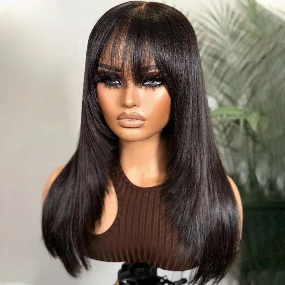 Ginger Orange Short Layered Cut Straight Lace Front Wig With Bangs 13x4 HD Lace Glueless Synthetic Daily Wear On Clearance Sale