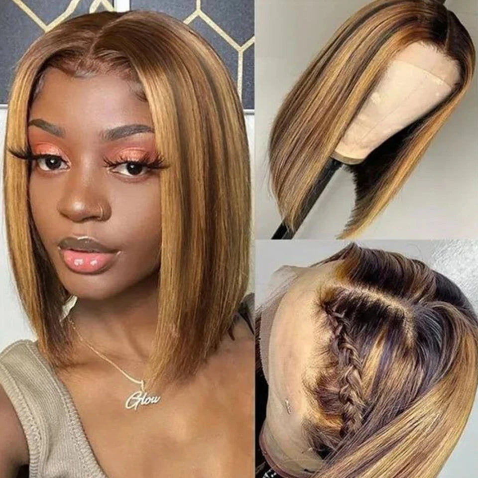 Ginger Orange HD Transparent Short Bob Human Hair Wigs Peruvian Highlight Straight 13x6x2 Lace Front Wig For Women Pre Plucked