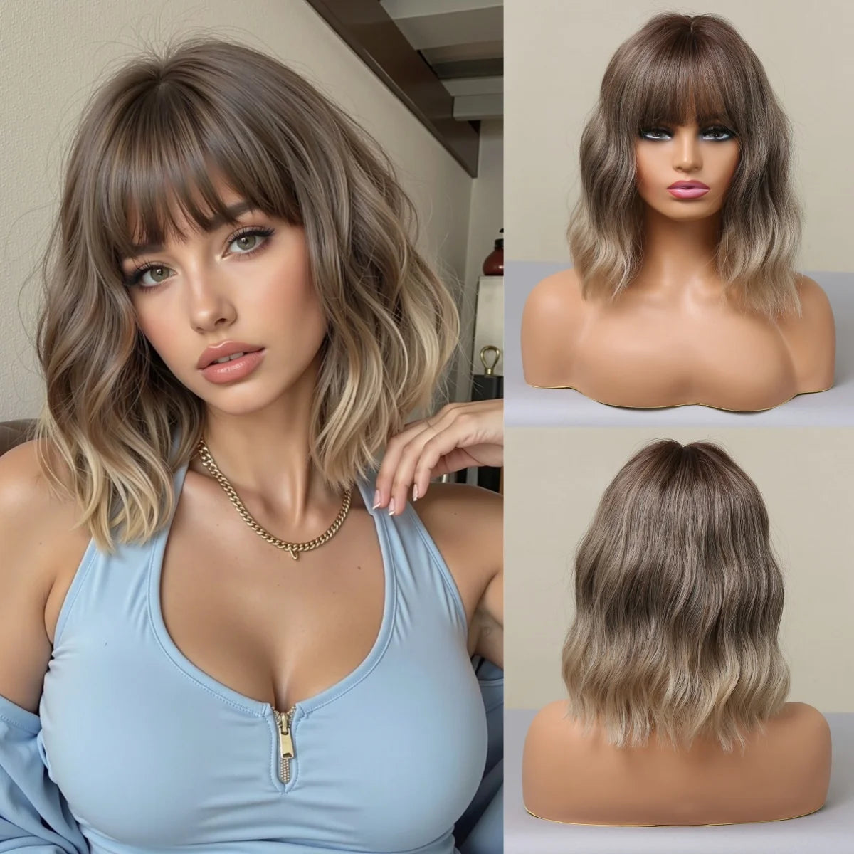 HENRY MARGU Red Copper Ginger Synthetic Wigs with Bangs Medium Water Wave Natural Bob Daily Hair Wigs for Women Heat Resistant
