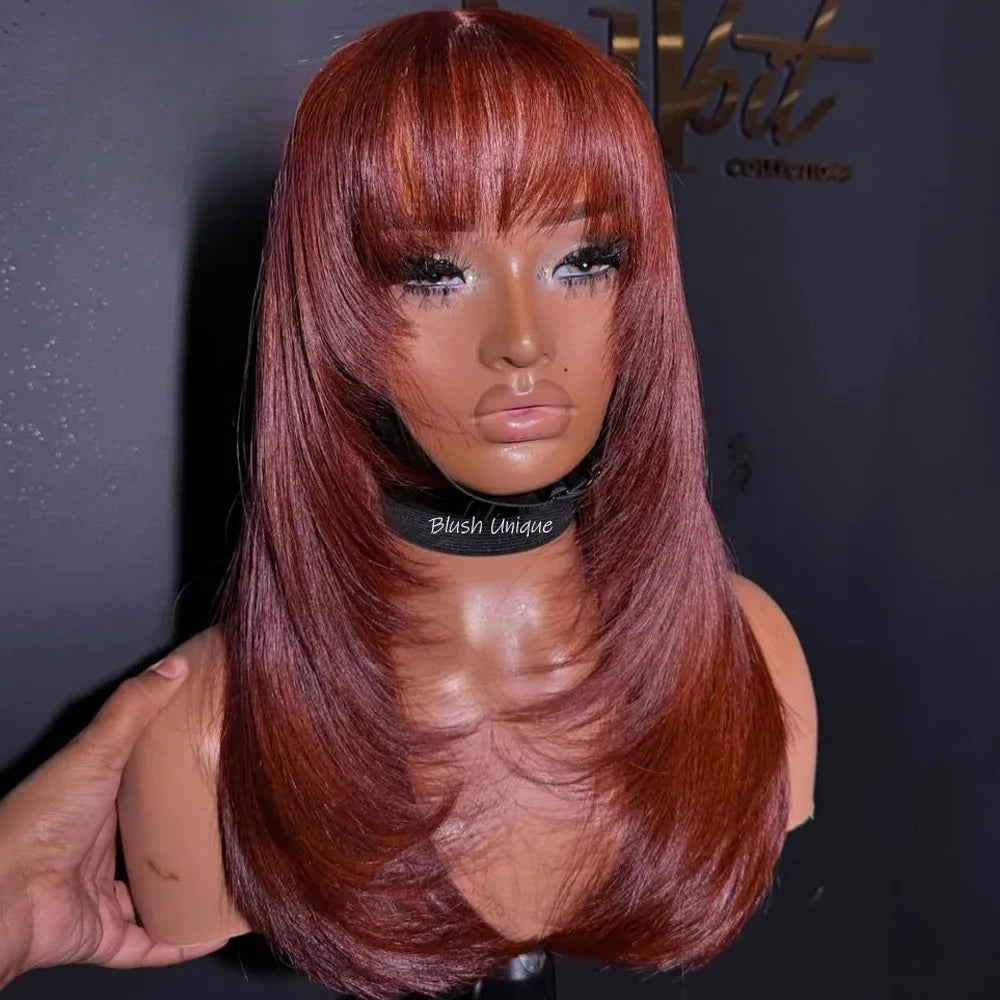 Ginger Orange Short Layered Cut Straight Lace Front Wig With Bangs 13x4 HD Lace Glueless Synthetic Daily Wear On Clearance Sale