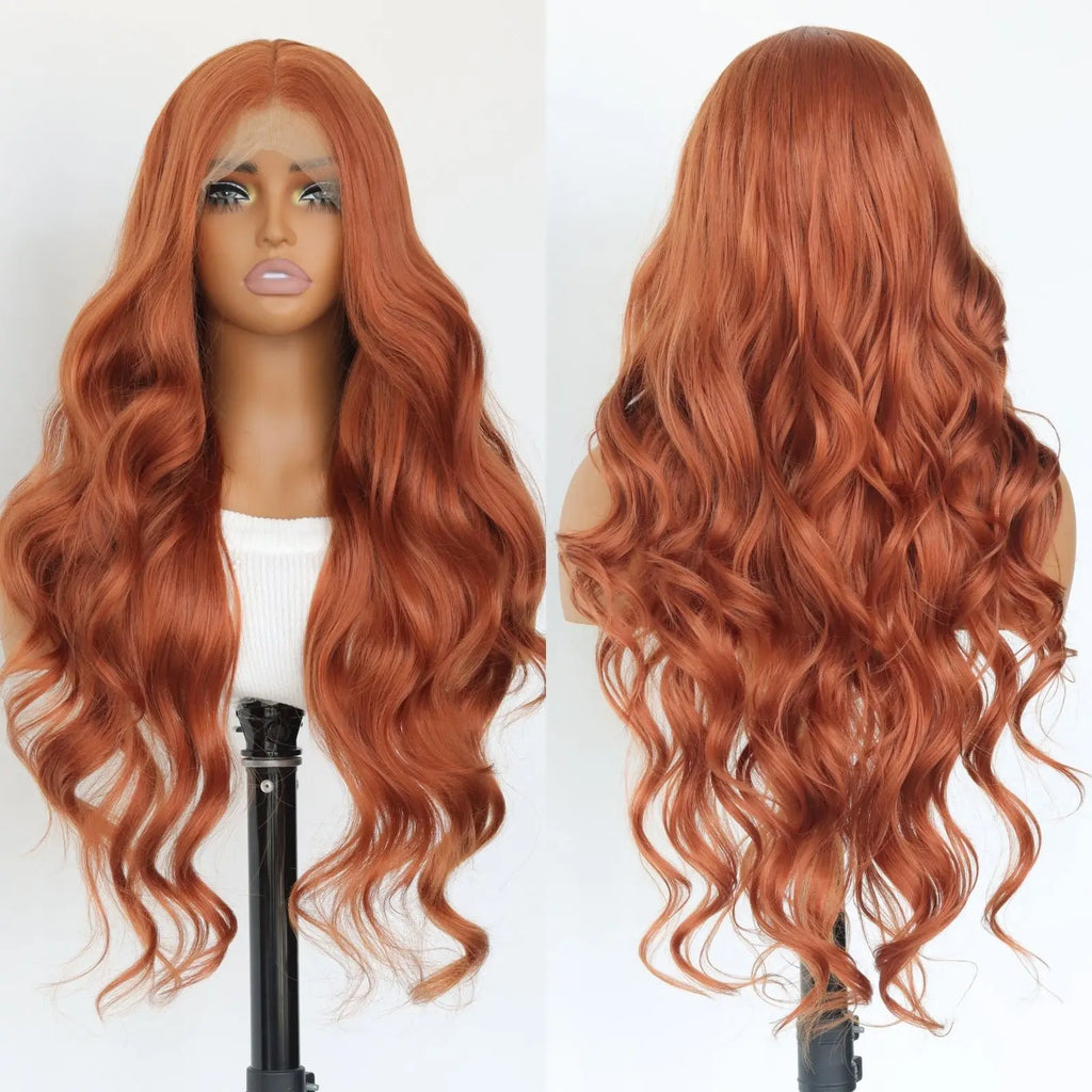 Ginger Orange 13X4 Lace Front Synthetic Wig Orange Long Body Wave Wig For Women Heat-resistant Fiber Wig 24Inch