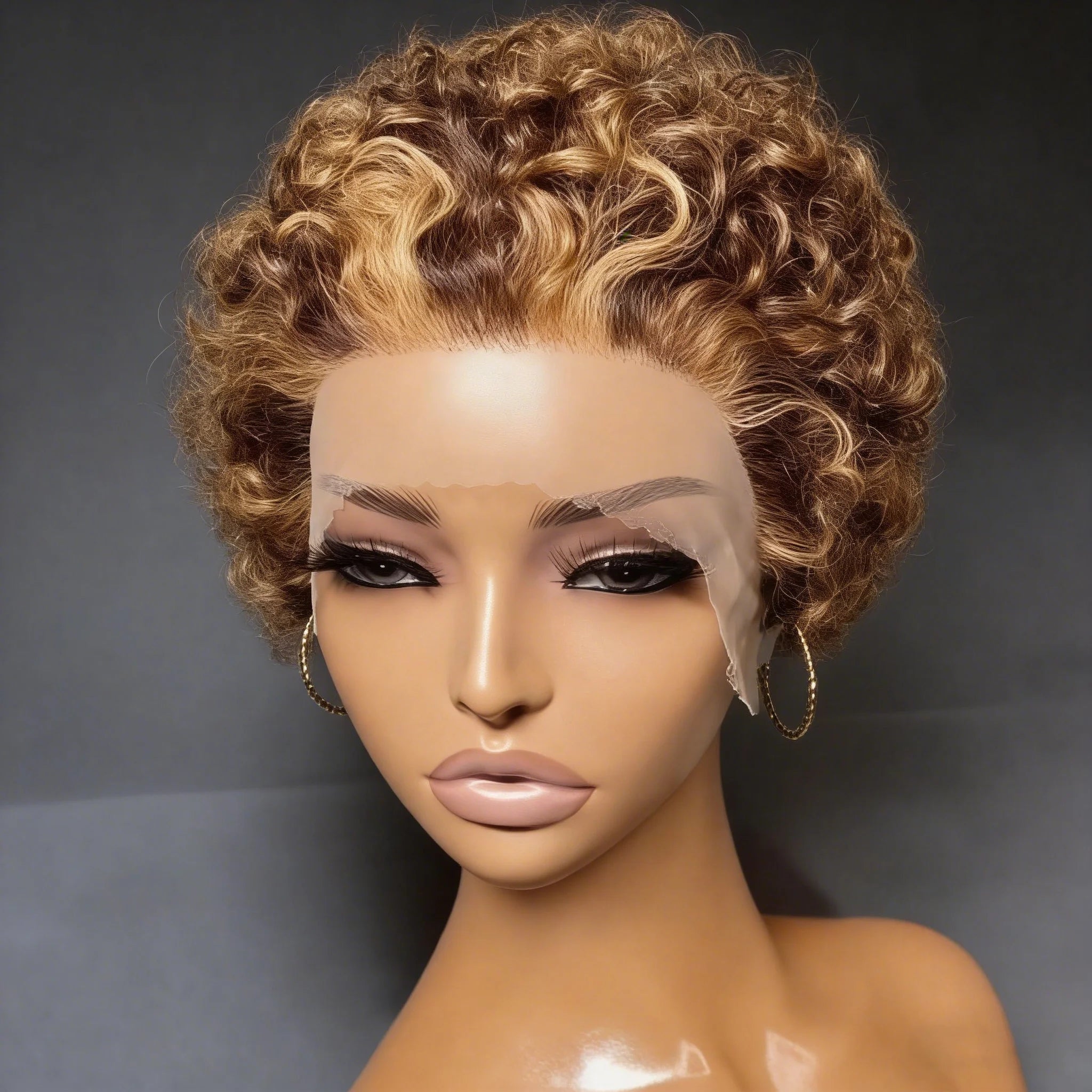 99J Burgundy Highlight Honey Colored Short Curly Pixie Cut Lace Wig Pre plucked Bob Wig 13x2 Lace Front Curly Human Hair Wigs