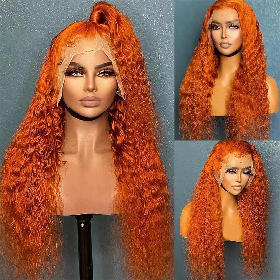 Orange Ginger Honey Blonde Color 13X4X1 Water Wave Full Lace Front Wigs For Women Preplpucked Bleach Knots Heat Resistant Fiber