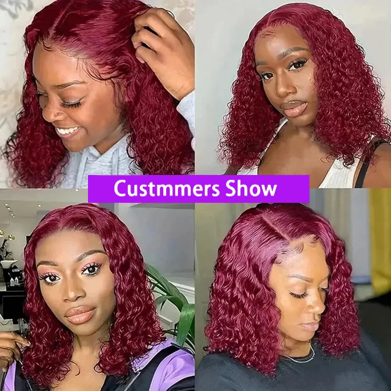 Burgundy Deep Wave 13x4 Lace Frontal Bob Wig 200% Density 99J Colored Remy Water Wave Frontal Human Hair Wigs Pre Plucked Wigs