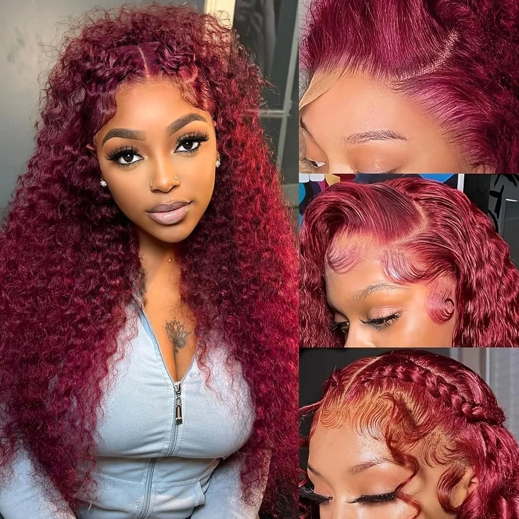Burgundy Curly Wigs Human Hair 99j 13x4 Lace Front Deep Wave 100% Human Hair Wigs Pre Plucked 13X6 HD Lace Wine Red Colored Wig