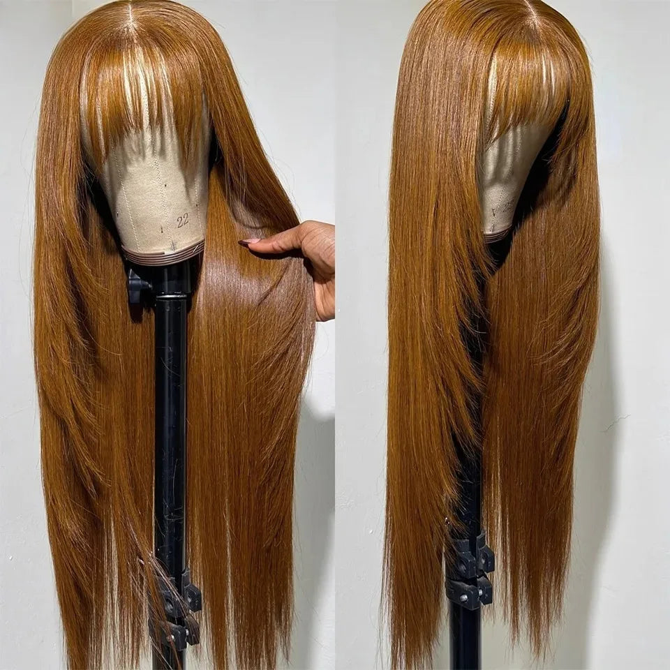 Ginger Orange Short Layered Cut Straight Lace Front Wig With Bangs 13x4 HD Lace Glueless Synthetic Daily Wear On Clearance Sale
