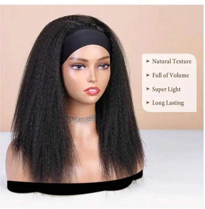 Long Kinky Straight Hair Wigs for Black Women, Synthetic Headband Wig, Hair Band Attached Half Wig, Full Machine Made, None Lace