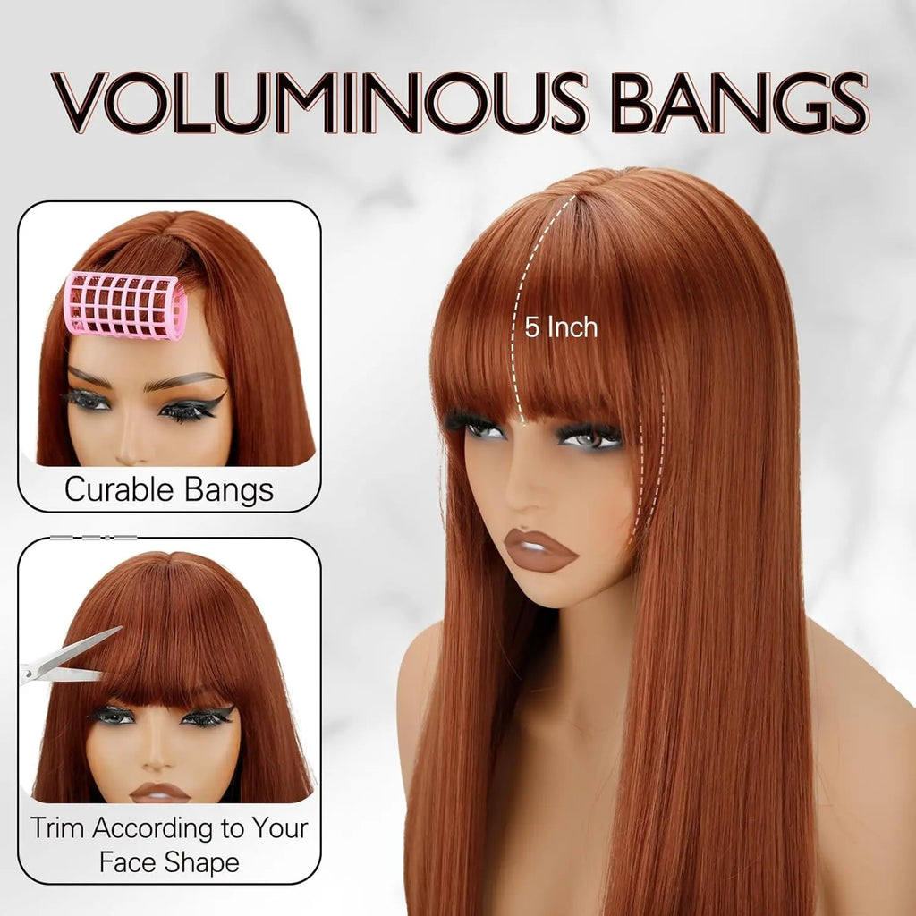 24inch Long Straight Ginger Wig with Bangs for Women Heat Resistant Orange Synthetic Hair for Daily Use Party Halloween Cosplay