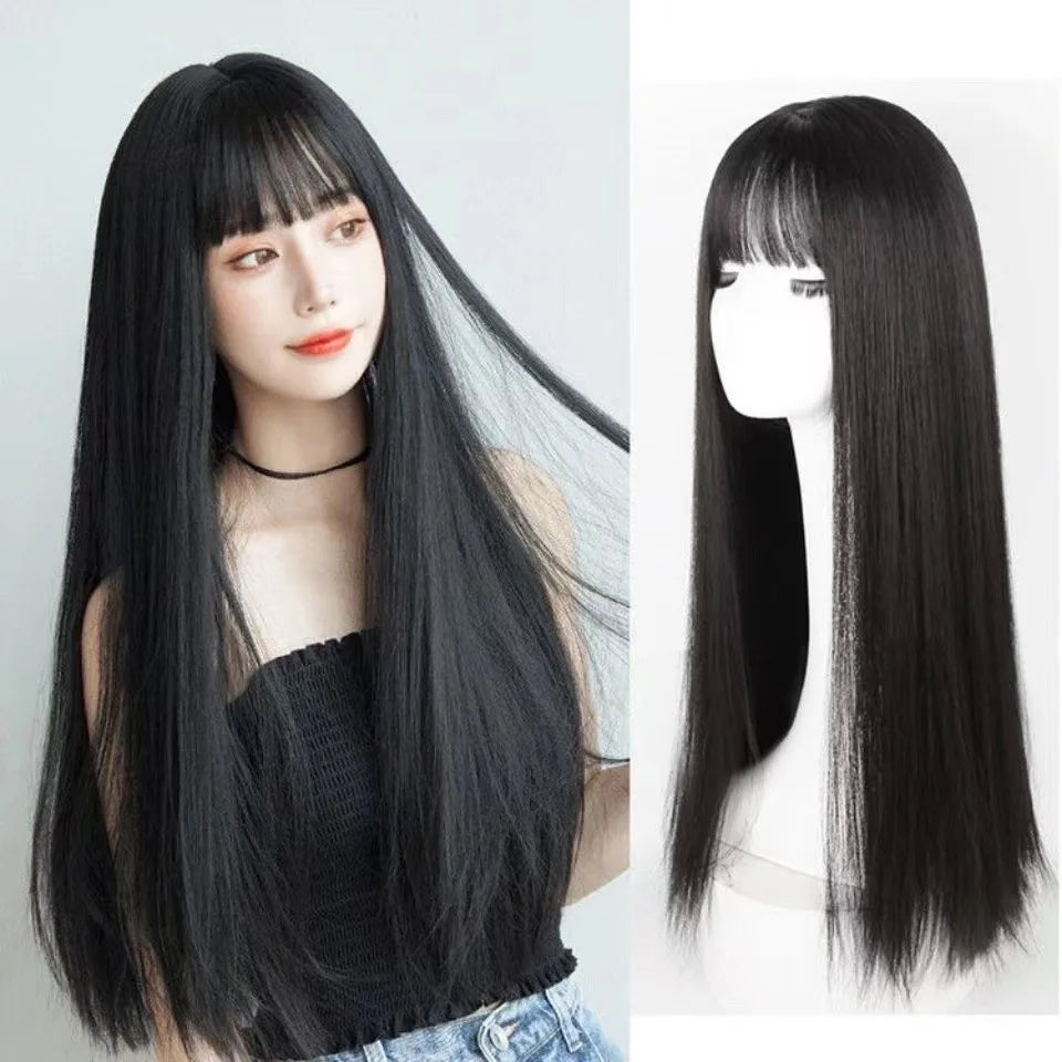 Orange synthetic wig with long straight hair for Halloween cosplay, role-playing party, daily costume, hot wire wig headband