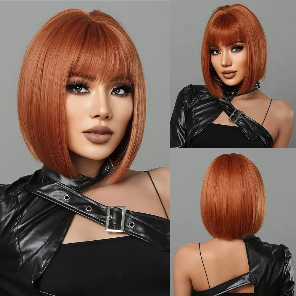 Short Wine Red Bob Wigs For Women Burgundy Bob Wigs With Thick Bangs Heat Resistant Synthetic Wig