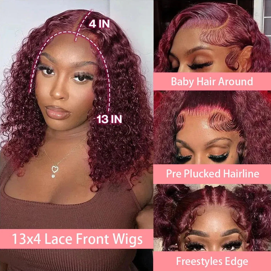 99J Burgundy Short Bob Wigs 13x4 HD Lace Front Wig Glueless Red Colored Deep Water Wave Lace Frontal Wig 100% Human Hair 14 Inch