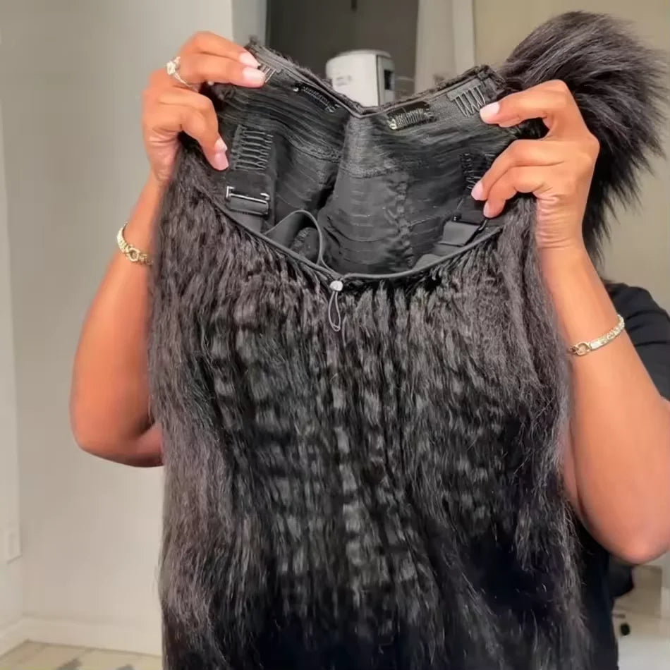 V Part Wig Kinky Straight 220% density Human Hair Wigs Yaki Straight Glueless Wigs Human Hair for Women Invisible Hairline Wigs