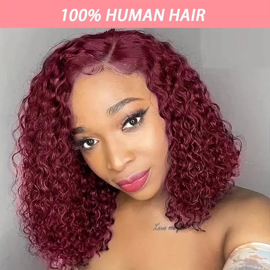 99J Burgundy Short Bob Wigs 13x4 HD Lace Front Wig Glueless Red Colored Deep Water Wave Lace Frontal Wig 100% Human Hair 14 Inch