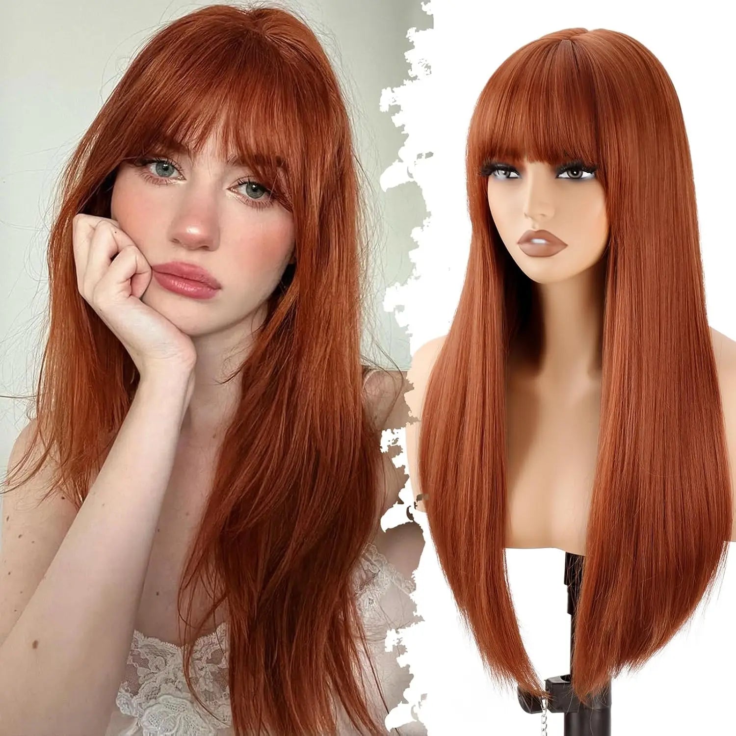 24inch Long Straight Ginger Wig with Bangs for Women Heat Resistant Orange Synthetic Hair for Daily Use Party Halloween Cosplay