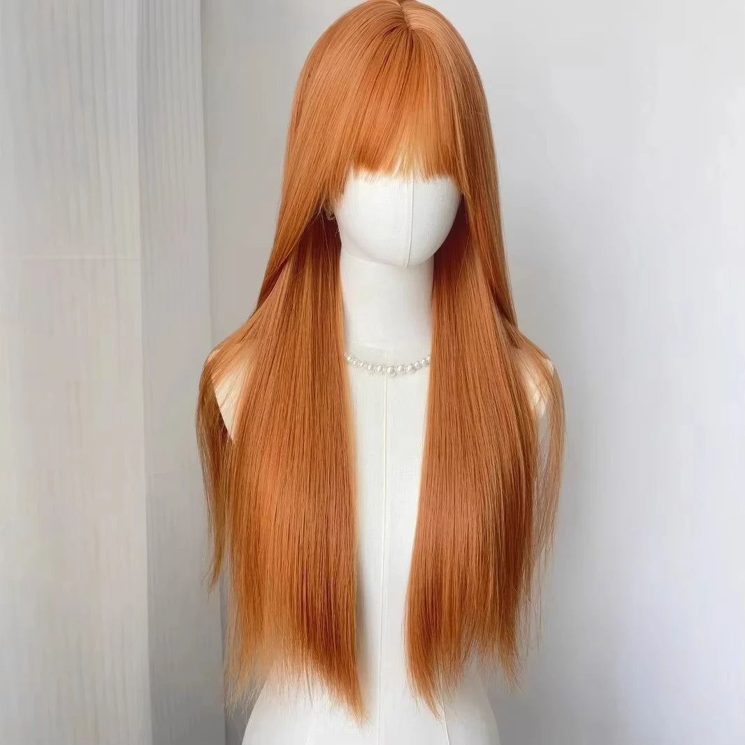Orange synthetic wig with long straight hair for Halloween cosplay, role-playing party, daily costume, hot wire wig headband