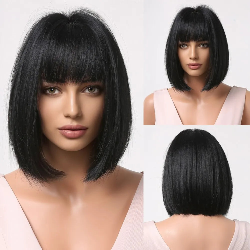 Short Wine Red Bob Wigs For Women Burgundy Bob Wigs With Thick Bangs Heat Resistant Synthetic Wig