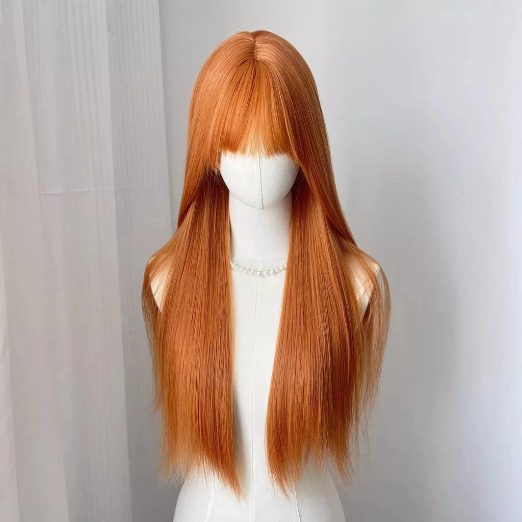 Orange synthetic wig with long straight hair for Halloween cosplay, role-playing party, daily costume, hot wire wig headband