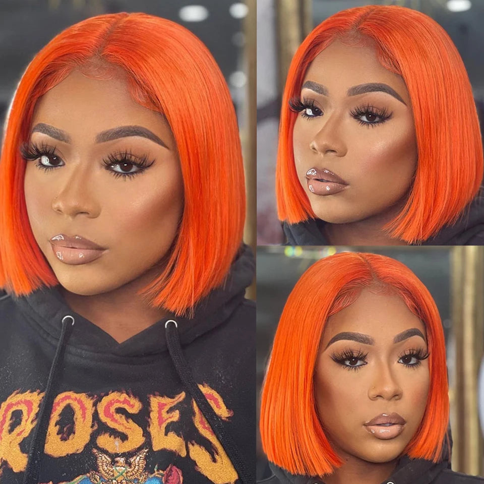 Ginger Orange HD Transparent Short Bob Human Hair Wigs Peruvian Highlight Straight 13x6x2 Lace Front Wig For Women Pre Plucked