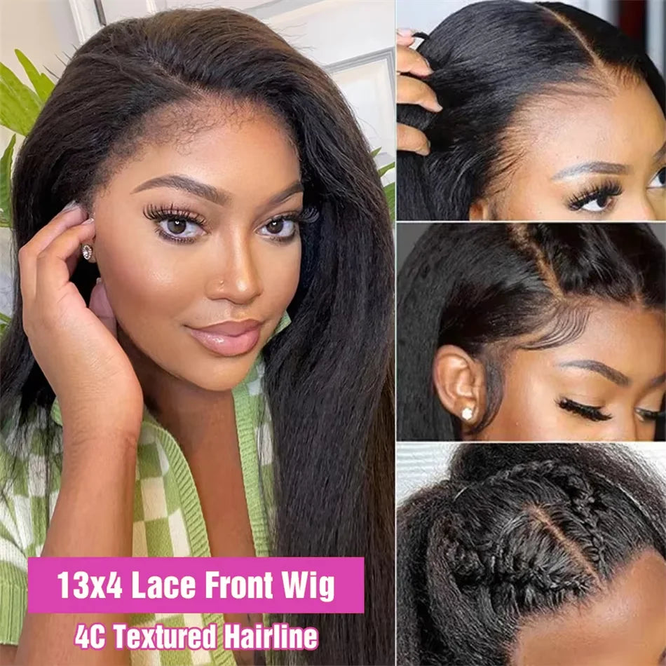 Kinky Straight Wig 4C Edges 13x6 HD Lace Frontal Wig Human Hai Yaki Straight Lace Front Wig 200% Density Full Hair Lace Wigs