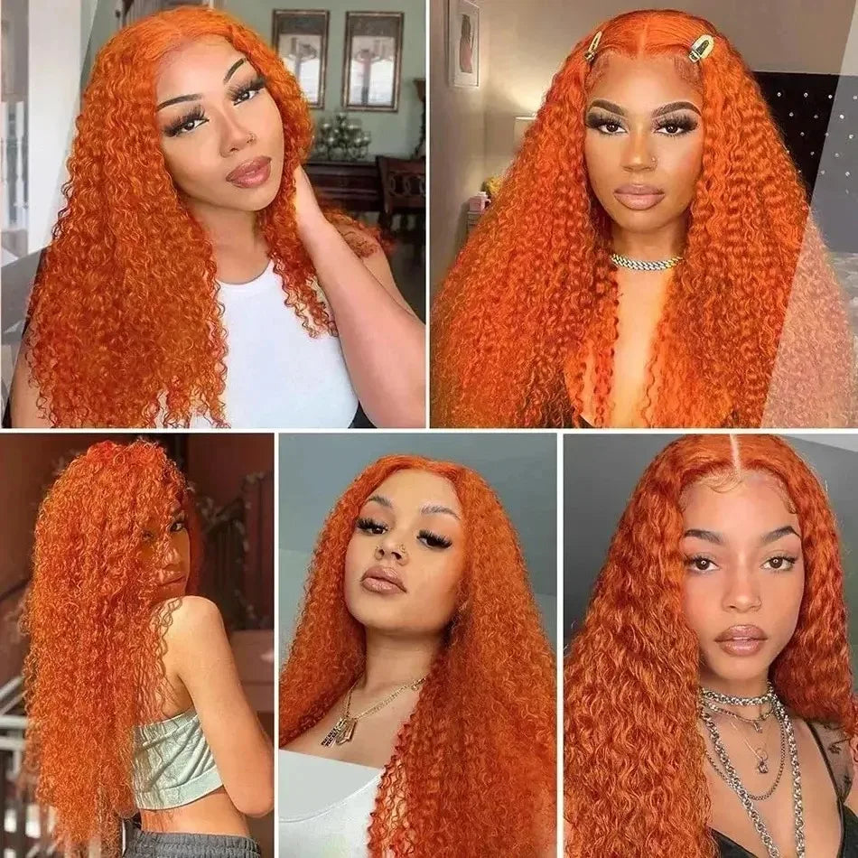Orange Ginger Honey Blonde Color 13X4X1 Water Wave Full Lace Front Wigs For Women Preplpucked Bleach Knots Heat Resistant Fiber