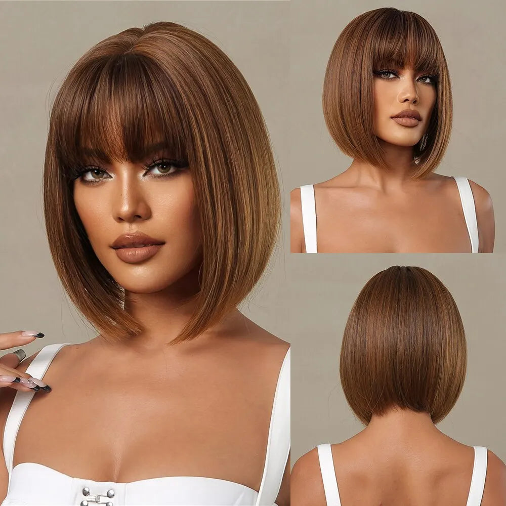Short Wine Red Bob Wigs For Women Burgundy Bob Wigs With Thick Bangs Heat Resistant Synthetic Wig
