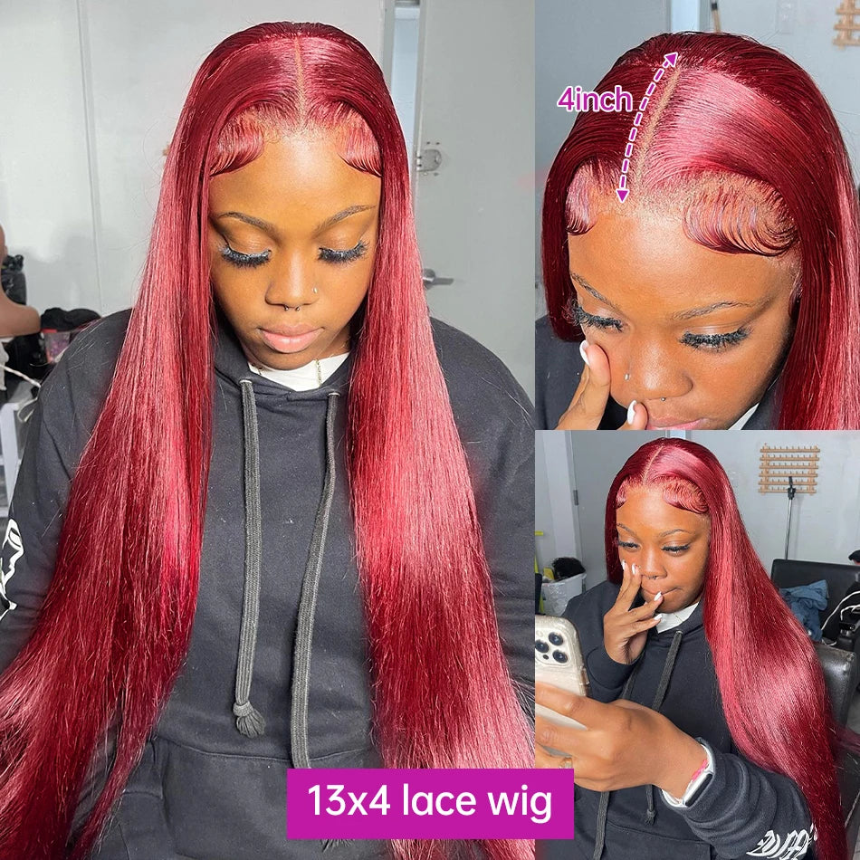 Burgundy 13x6 Hd Lace Frontal Human Hair Wig On Sale 30 36 Inch Bone Straight Lace Front 99J Colored Human Hair Wigs For Women
