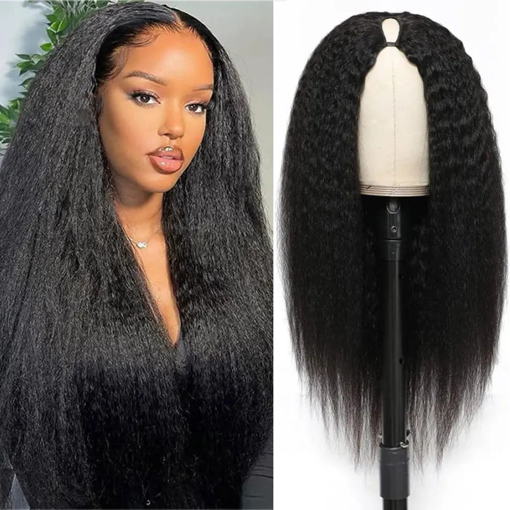 Synthetic Natural Black Kinky Straight U Part Wig Yaki Straight Wigs for Women Daily Party Use