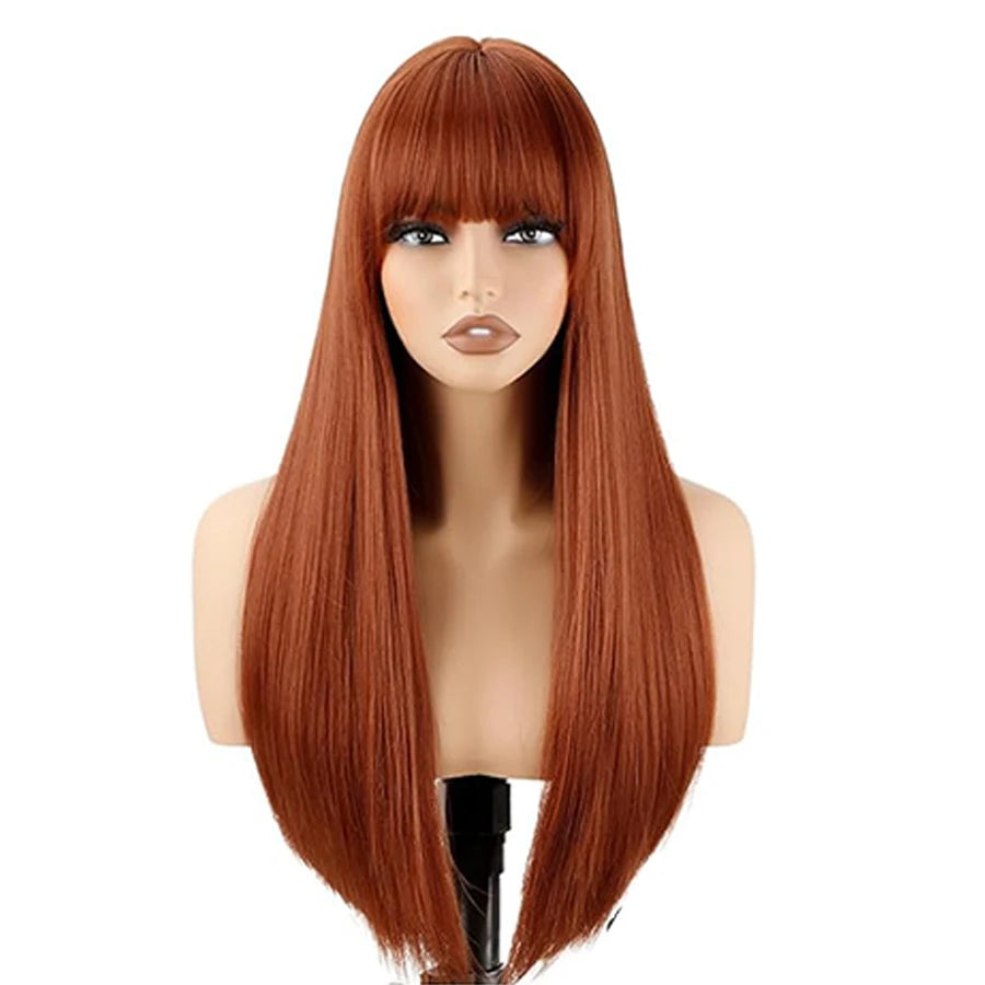 24inch Long Straight Ginger Wig with Bangs for Women Heat Resistant Orange Synthetic Hair for Daily Use Party Halloween Cosplay