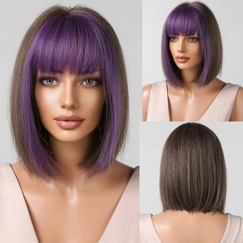Short Wine Red Bob Wigs For Women Burgundy Bob Wigs With Thick Bangs Heat Resistant Synthetic Wig