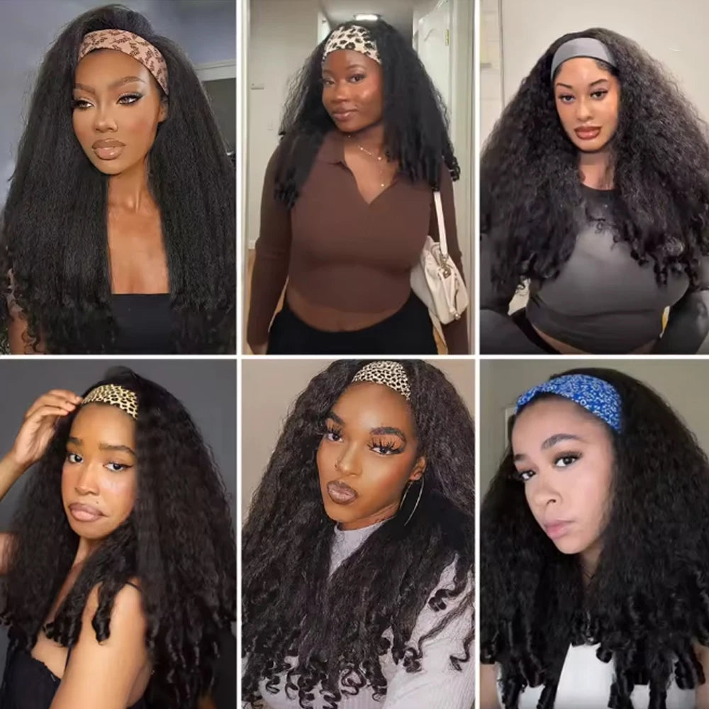 Kinky Straight Burmese Curly Headband Wigs Glueless None Lace Wig Wear And Go Yaki Straight Headband Wig WIth Spiral Curly End