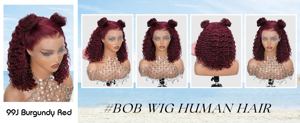 Burgundy Deep Wave 13x4 Lace Frontal Bob Wig 200% Density 99J Colored Remy Water Wave Frontal Human Hair Wigs Pre Plucked Wigs