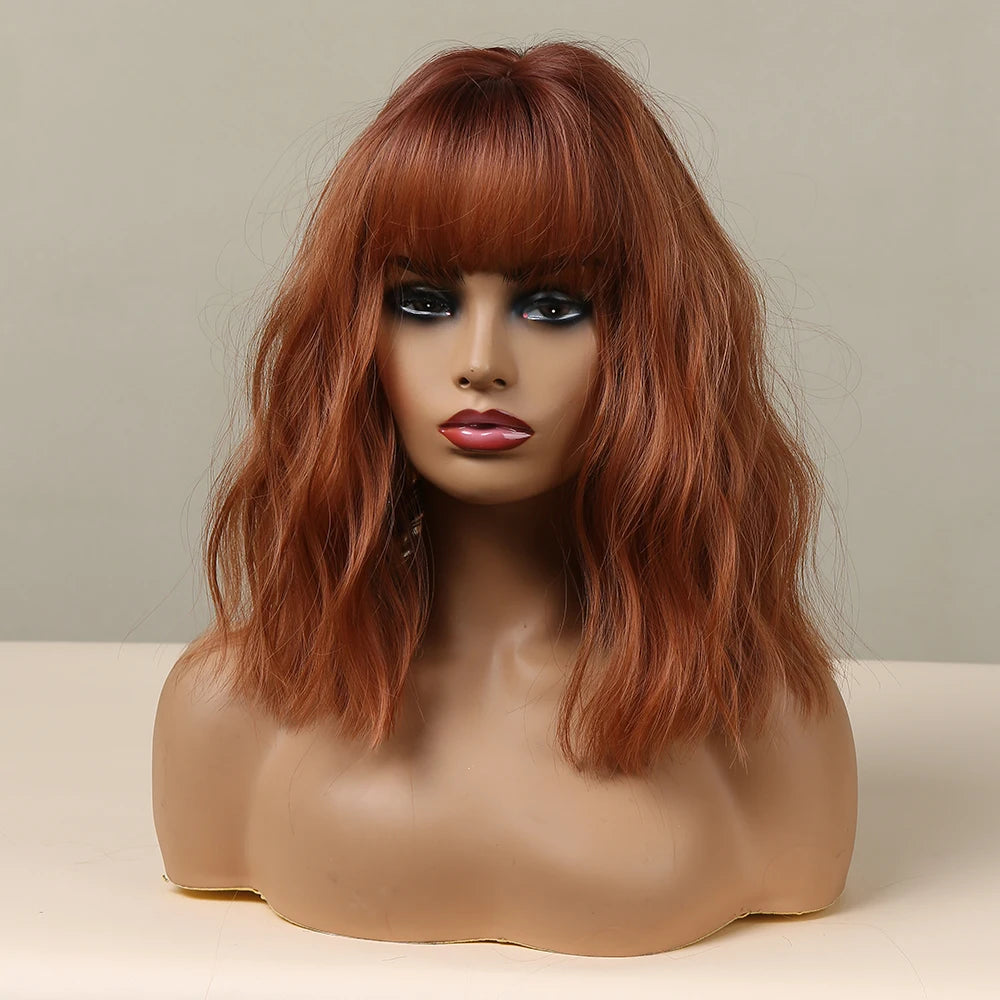 HENRY MARGU Red Copper Ginger Synthetic Wigs with Bangs Medium Water Wave Natural Bob Daily Hair Wigs for Women Heat Resistant