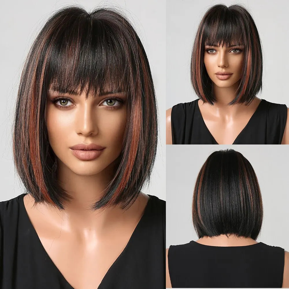 Short Wine Red Bob Wigs For Women Burgundy Bob Wigs With Thick Bangs Heat Resistant Synthetic Wig