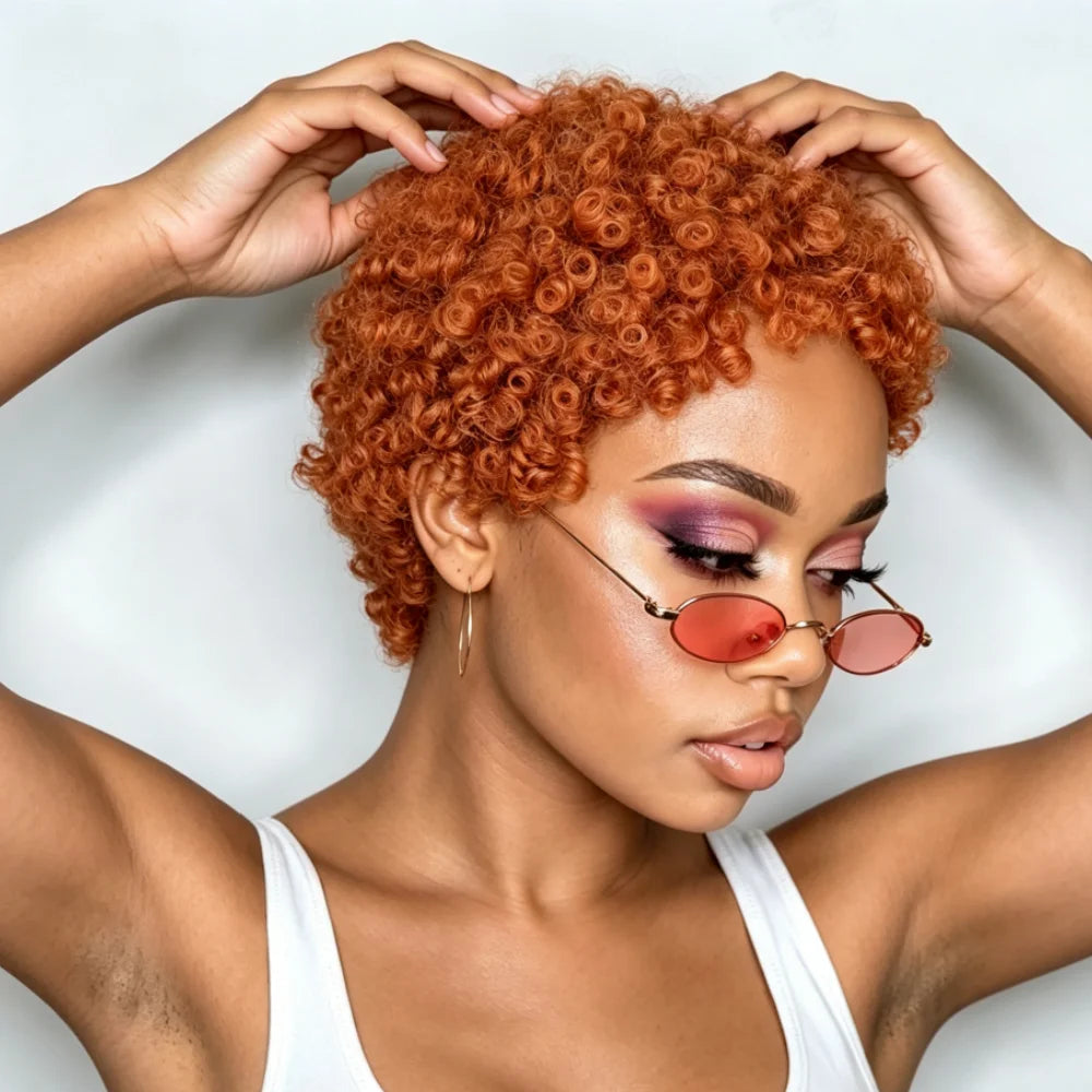 Full Machine Made Short Curly Human Hair Wig, Ginger Orange Wool Curl Human Hair Wigs
