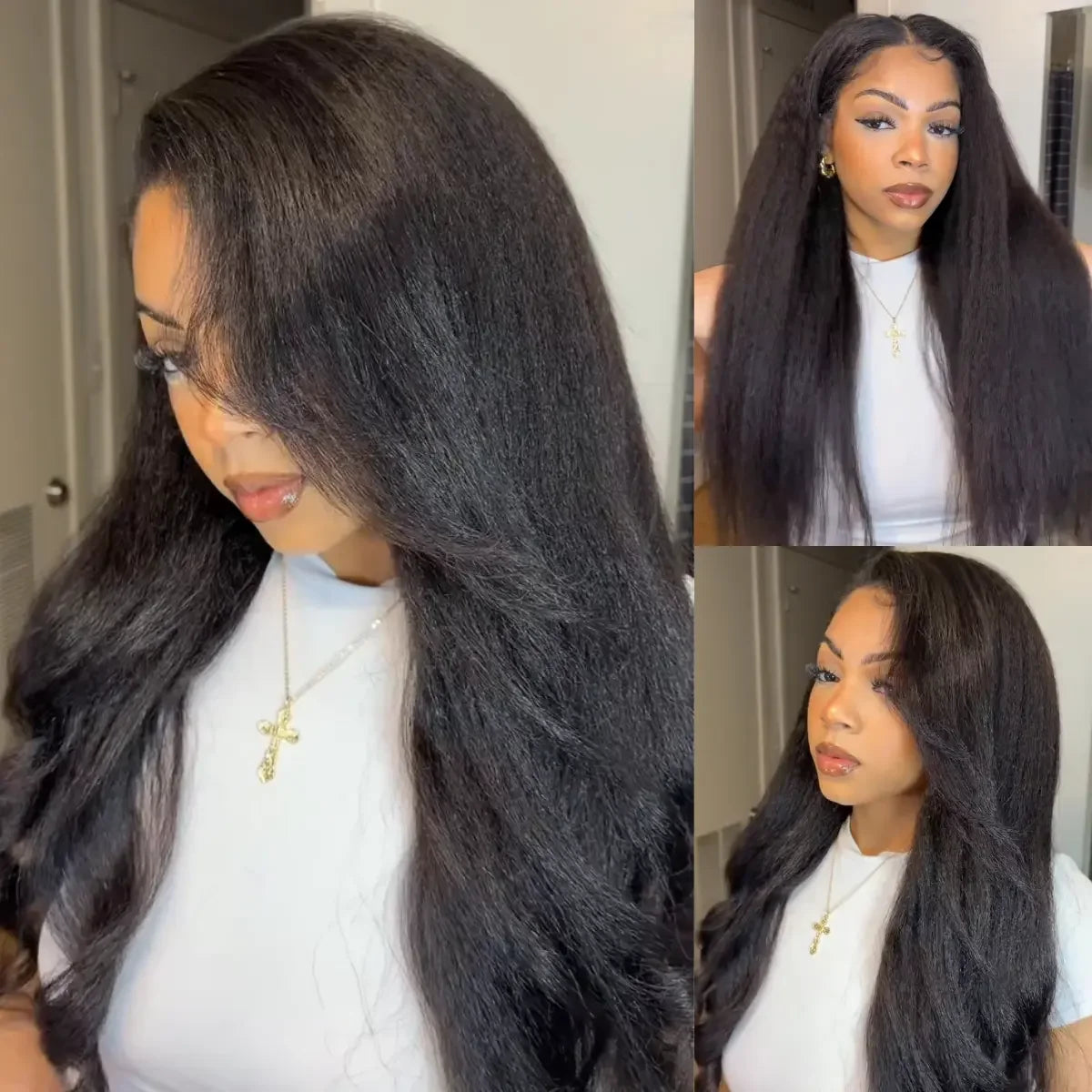 V Part Wig Kinky Straight 220% density Human Hair Wigs Yaki Straight Glueless Wigs Human Hair for Women Invisible Hairline Wigs