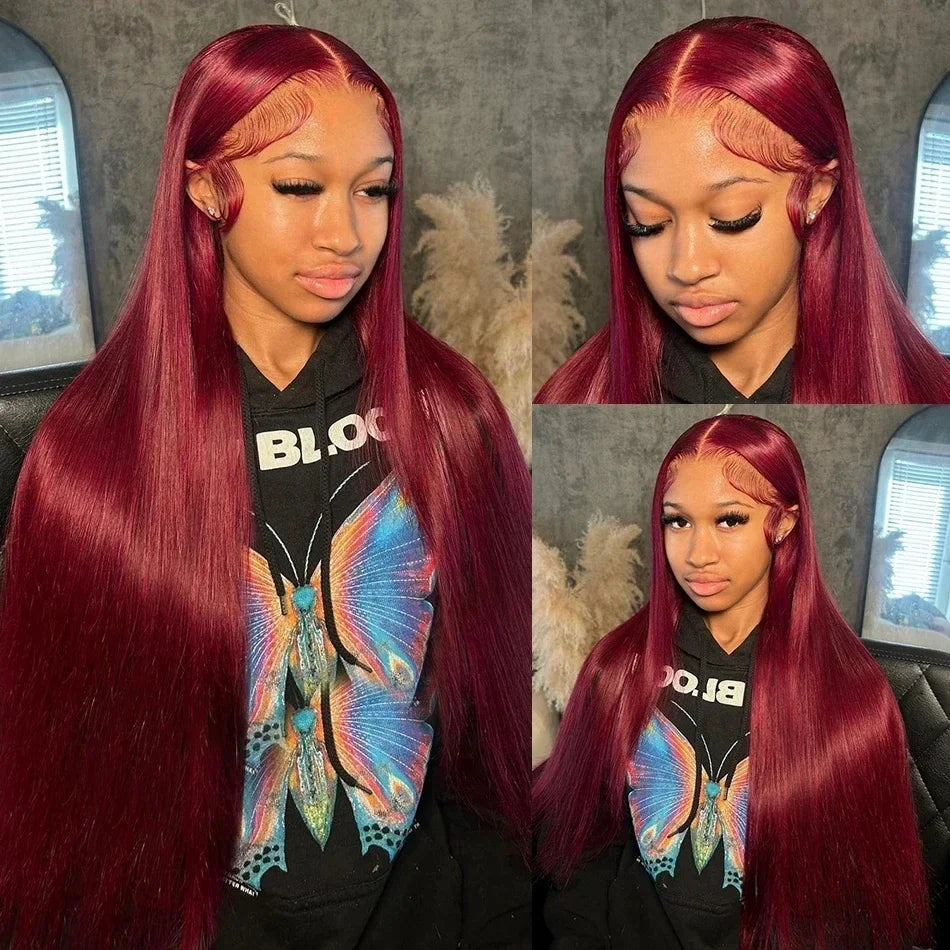 Burgundy 13x6 Hd Lace Frontal Human Hair Wig On Sale 30 36 Inch Bone Straight Lace Front 99J Colored Human Hair Wigs For Women