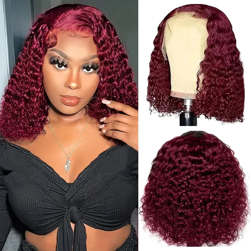 99j Burgundy Deep Bob Wig Human Hair Short Curly Wave 180% Density 13x4 Lace Front Wigs 4x4 T Part Lace Closure Wigs Brazilian